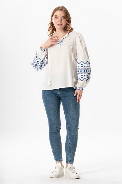 Eliş Şile Bezi Μακρυμάνικο ύφασμα Şile, Idil V-Neck Κεντημένη καλοκαιρινή μπλούζα Κρέμα Κρέμα