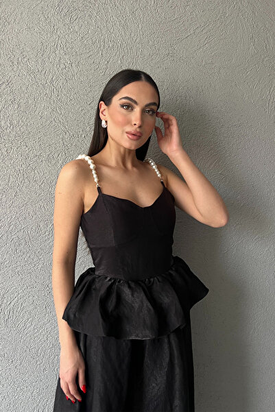 Seda Yalçın Atelier Black Waist Drawstring Detailed Stylish Dress with Pearl Straps