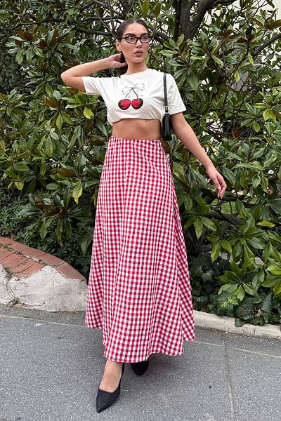 Madmext Red Gingham Midi Length Women's Skirt Mg2360