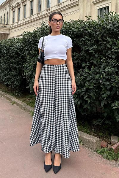 Madmext Fusta de damă neagră Gingham Midi Lungime Mg2360