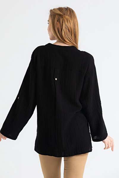 Eliş Şile Bezi Uzun Kol Asu Yazlık Müslin Bluz Siyah Syh