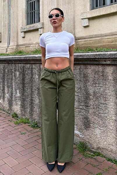 Madmext Haki Beli Büzgülü Wide Leg Kumaş Pantolon MG1950