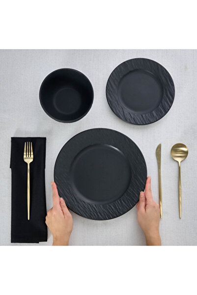 Karaca Solem Embossed, Set de Masă din Stoneware, 18 Piese, pentru 6 Persoane, Negru