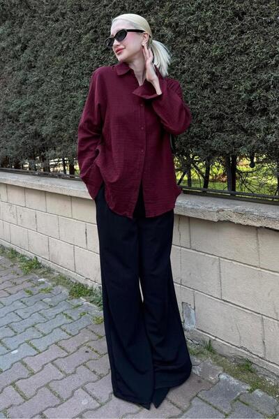 Madmext Bordo Muslin Kumaş Basic Kadın Gömlek MG1660