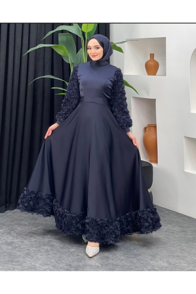 GÜZELLER Saten Kolları ve Eteği Gül Detaylı Söz İsteme Nişan Nikah Elbisesi Abiyesi