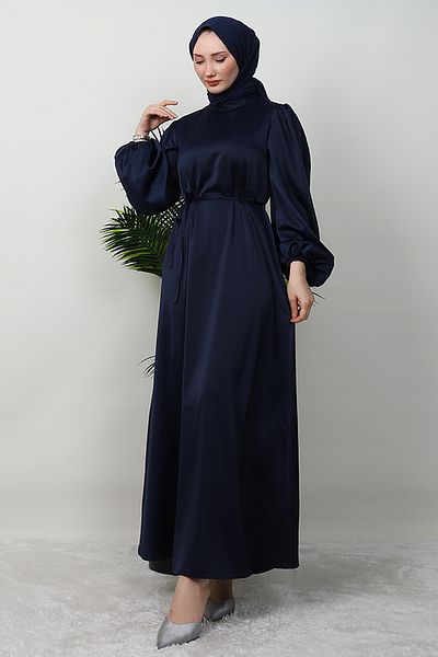 Giza Giyim Σατέν φόρεμα με λεπτή ζώνη Navy Blue