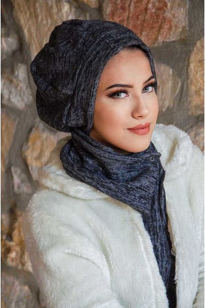 Aişe tesettür Anthracite Pattern Hijab Beanie and Etol Set
