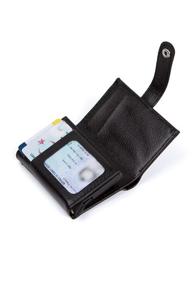 Newish Polo Leather Rfid Protective Aluminum Automatic Mechanism Card Holder and Wallet - Black