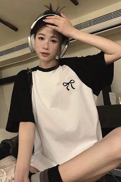 EFBUTİK White Unisex Black Raglan Black Bow T-Shirt