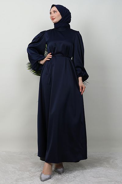 Giza Giyim Σατέν φόρεμα με λεπτή ζώνη Navy Blue