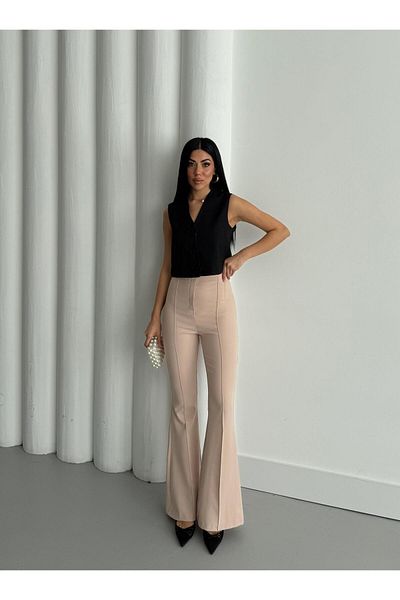 Appleline Women's Flared Leg Palazzo Fabric Trousers - Dark Beige