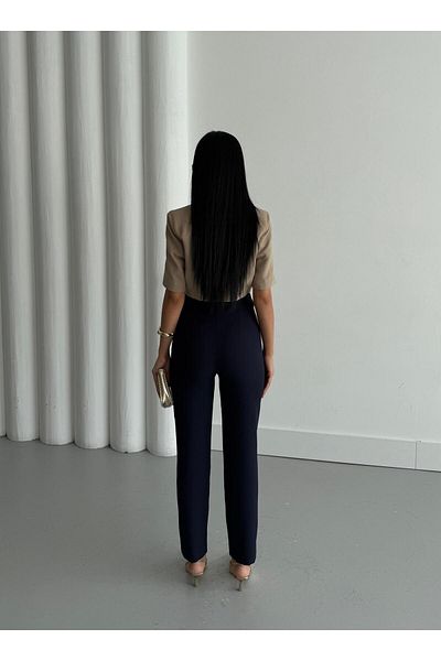 Appleline Women's High Waist Pipe Leg Ankle Length Fabric Trousers Dark Blue