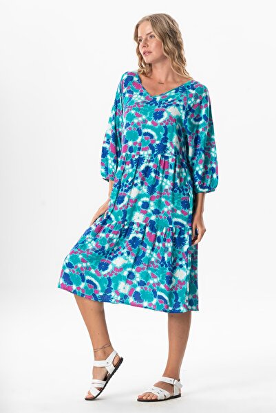 Eliş Şile Bezi Yarım Kol Viskon Esin V Yaka Midi Boy Yazlık Elbise Soyut Nil Yeşili Syt nlysl