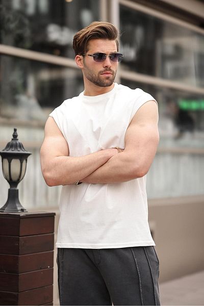 Madmext Ecru Sleeveless 100% Cotton Basic Men's T-Shirt E7137