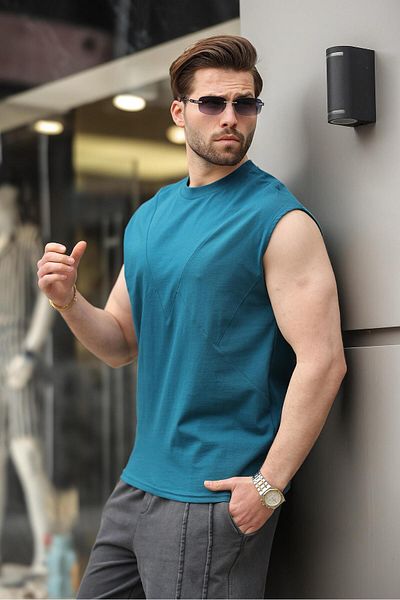 Madmext Ανδρικό μπλουζάκι Petrol Blue Αμάνικο 100% Cotton Basic E7137
