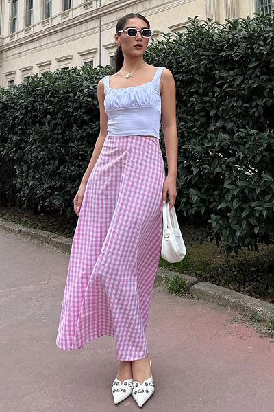 Madmext Fusta de damă roz Gingham Midi Lungime Mg2360