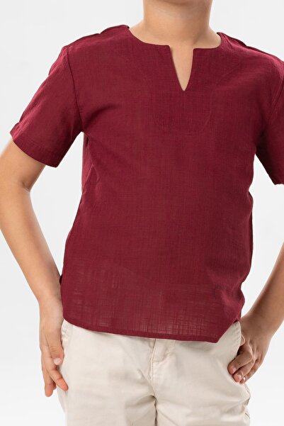 Eliş Şile Bezi Short Sleeve Şile Cloth Crew Neck Summer Boy T-Shirt Dark Claret Red 3068