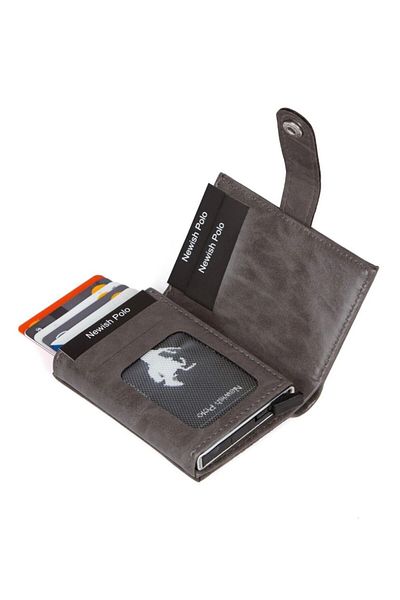Newish Polo Gray Leather Rfid Shielding Aluminum Automatic Mechanism Card Holder and Wallet