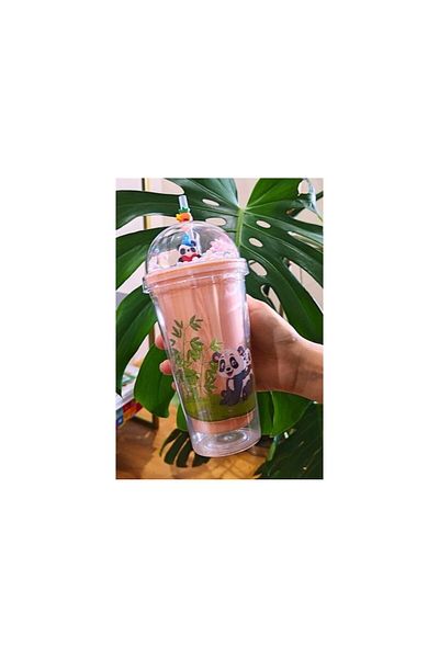 Lexi Bella Straw Drinker Character Figure Cute Panda Themed Double Layer 450 ml Drinker Straw Flask Pink 2770