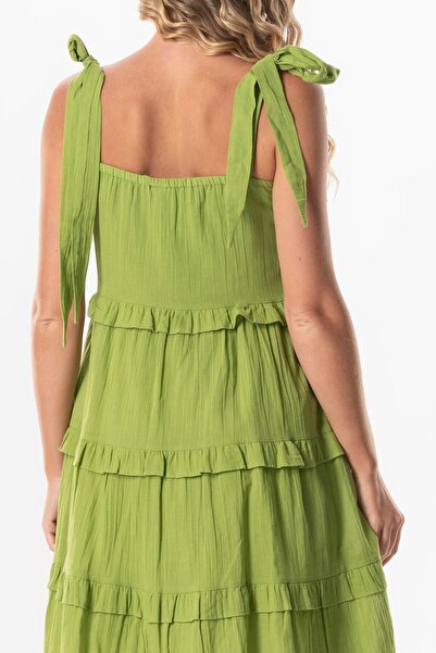 Eliş Şile Bezi Strappy Voile - Dubai Square Neck, Short Summer Dress (Pistachio Green)