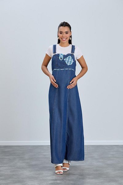 Işşıl 443-rochie maxi de grădinar de maternitate din lyocell cu aplicații în carouri