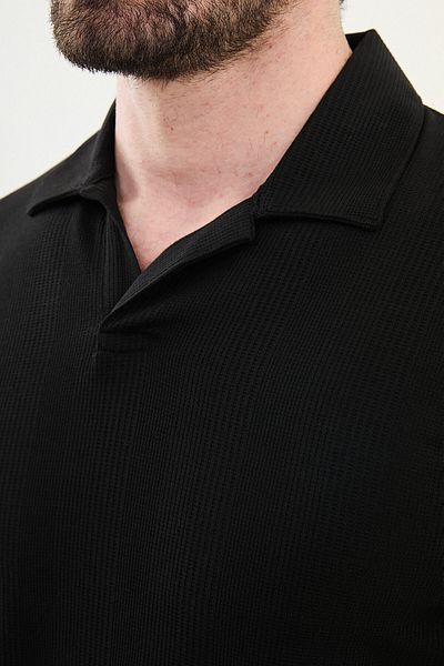 Mcr Striped Slim Fit Lapel Collar Men's T-Shirt Black - 36847.25Y