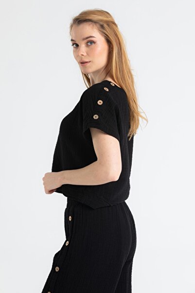 Eliş Şile Bezi Κοντομάνικη μπλούζα μουσελίνας Izel Summer Μαύρη Syh