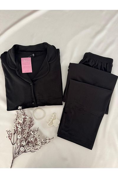 MH Moony Homewears Set de pijamale din catifea moale de iarnă, cămașă neagră din 2 piese