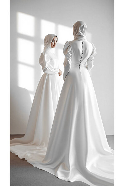 ASL Tesettür Karpuz Kollu Kloş Kesim Kırık Beyaz Renk Gelinlik