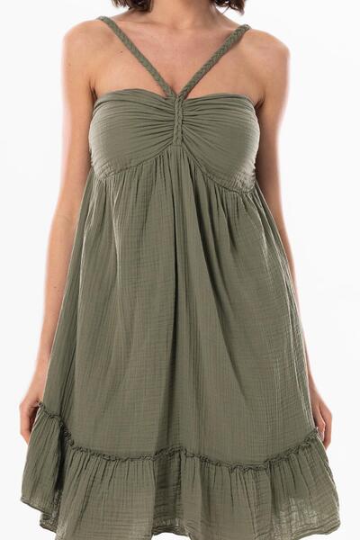 Eliş Şile Bezi Alanya Halter Neck Short Summer Muslin Dress Khaki