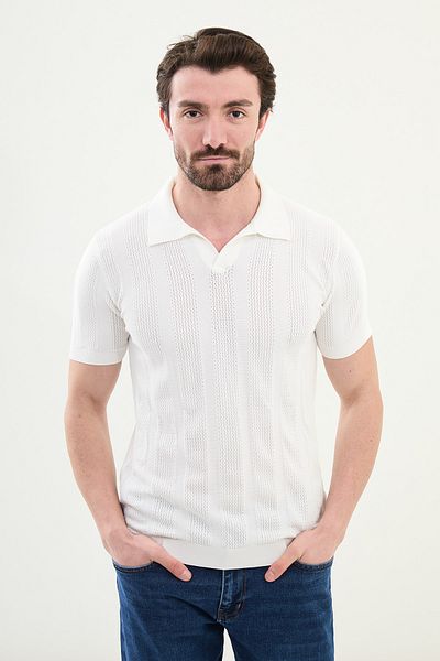 Mcr Striped Ecru Slim Fit Apache Collar Men's Knitwear T-Shirt