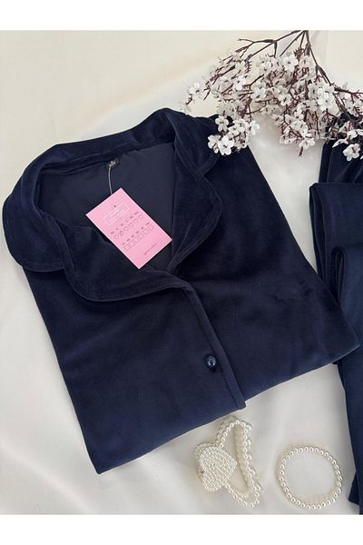 MH Moony Homewears Комплект тъмносиня мека зимна кадифена пижама от 2 части