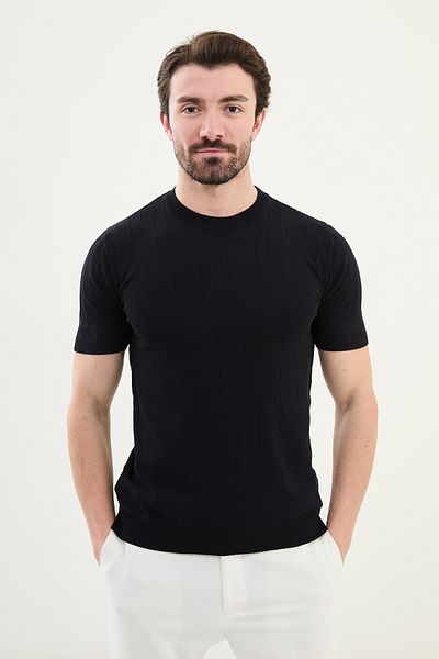 Mcr Patterned Slim Fit Crew Neck Men's Knitwear T-Shirt Navy Blue - 11533.25Y
