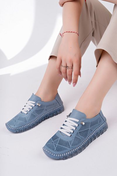 Deripabuc Genuine Leather Denim Blue Print Women's Leather Casual Shoes Dp62-8004