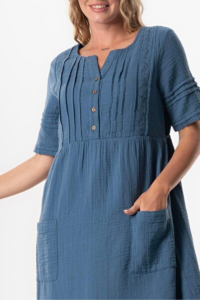 Eliş Şile Bezi Krátký rukáv čtvercový límec Dora Kapesní Detail Midi Délka Mušelín Letní šaty Indigo indg