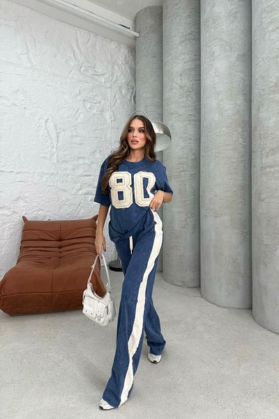 Bliss Women's 80 Detailed Short Sleeve Comfortable Fit Bottom Top Blue Tracksuit Set Size L