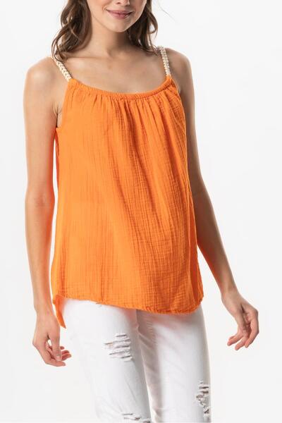 Eliş Şile Bezi Orange Trnc Strappy Alaçatı Summer Muslin Blouse