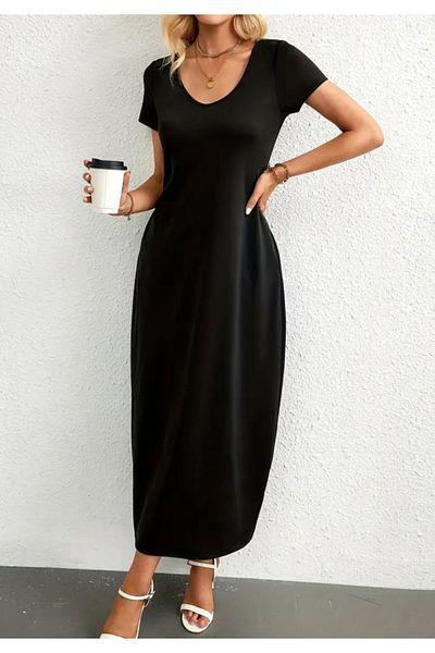 Little Visqon Rochie de damă cu mânecă scurtă, cu guler rotund, cu buzunare, din viscoză
