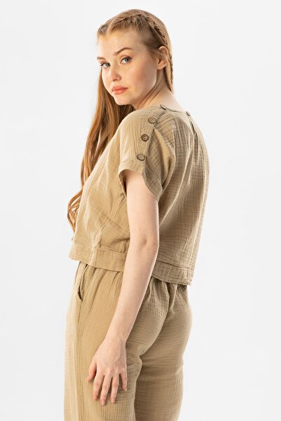 Eliş Şile Bezi Κοντομάνικη μπλούζα Izel Summer Muslin Blouse Vizon Vzn