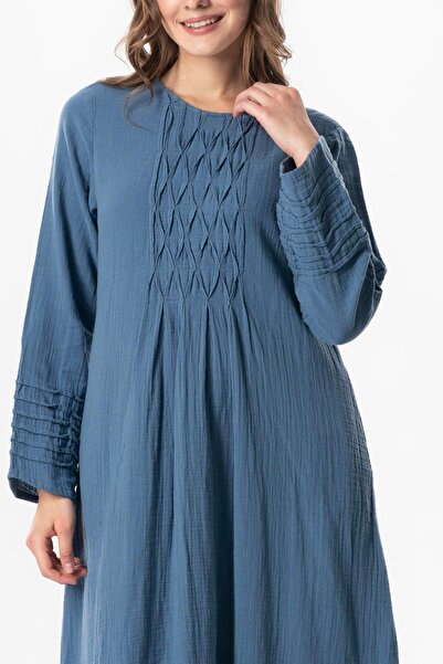 Eliş Şile Bezi Uzun Kol Şahika Nervür Detaylı Uzun Müslin Yazlık Elbise İndigo indg