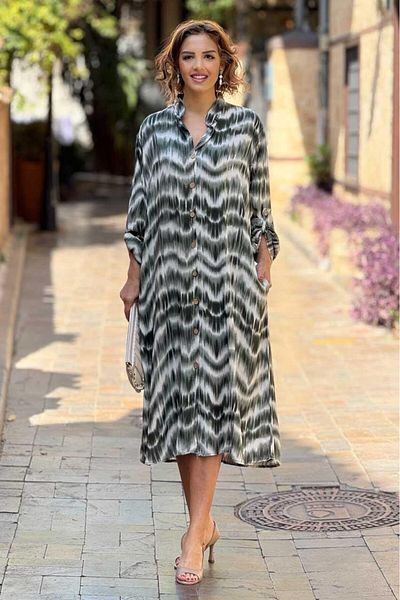 Nevin Kaya Moda Φόρεμα πουκάμισο με σχέδιο Khaki Wave 100% βαμβακερή βισκόζη