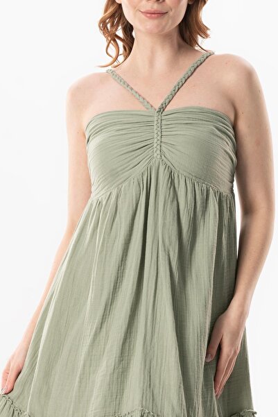 Eliş Şile Bezi Alanya Halter Short Summer Dress Olive Green