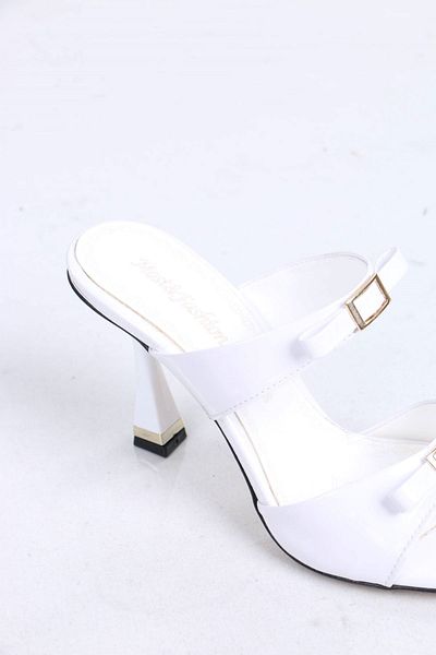 sefayol Edwin White Patent Leather Heeled Women's Slippers