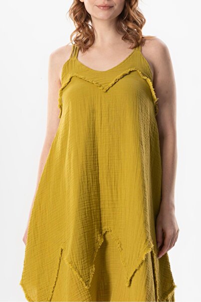 Eliş Şile Bezi Strappy V-Neck Leyla Asymmetrical Cut Midi Dress Oil Green