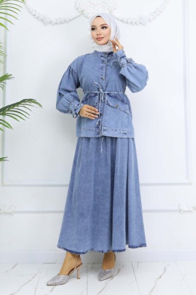 benguen Blue Lace-Up Denim Skirt Suit 6090