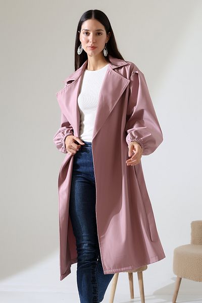 ensade Balloon Sleeve and Belted Bondik Fabric Trench Coat