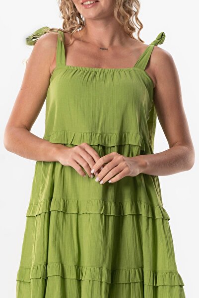 Eliş Şile Bezi Strappy Voile - Dubai Square Neck, Short Summer Dress (Pistachio Green)