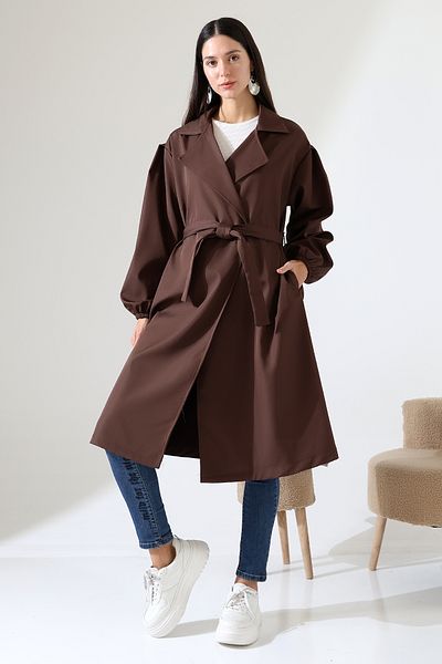 ensade Balloon Sleeve and Belted Bondik Fabric Trench Coat