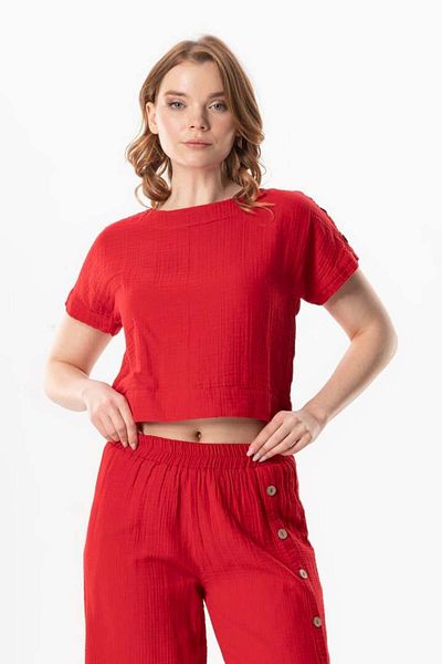Eliş Şile Bezi Red Short Sleeve Izel Summer Unmanned Blouse
