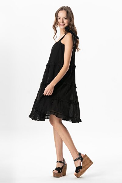 Eliş Şile Bezi Strappy Voile Dubai Square Neck Dress - Black
